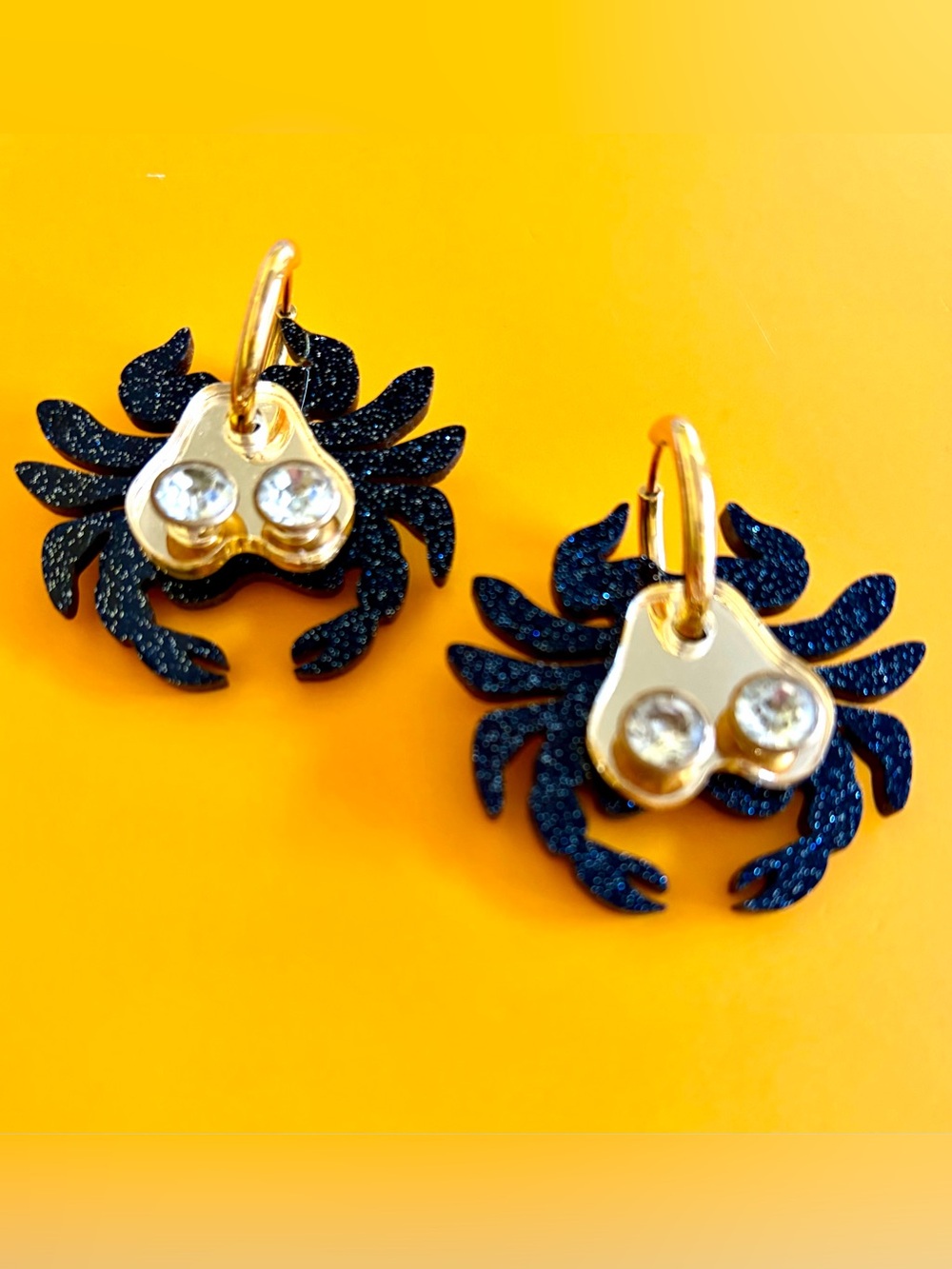 Gold Hoop Earrings with Black Glitter Crab Charms